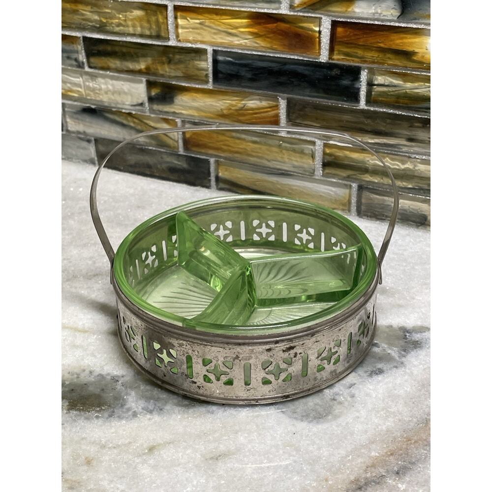 1930s Divided Relish Dish Green Uranium Glow Art Glass Metal Caddie Handle